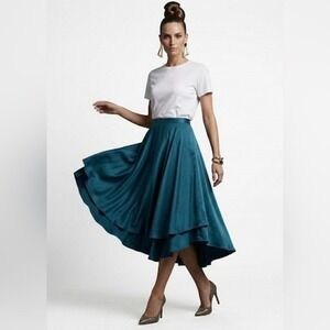 Oh So Tracie Swonke Teal Blue Satin High-Low Circle‎ Skirt One Size Made in USA